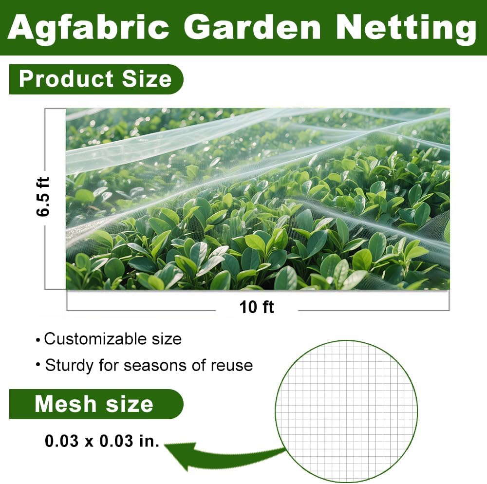 Agfabric Garden Netting 6.5'x10' Insect Pest Barrier Bird Netting for Garden Protection,Row Cover Mesh Netting for Vegetables Fruit Trees and Plants,White,2 Pack