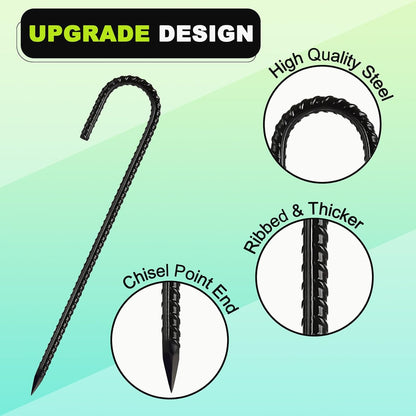 Kadrick 32-Pack Rebar Stakes 12 inch，J Hook Ground Stakes Anchors, Black Galvanized Fence Stakes,Heavy Duty 5/16'' Diameter