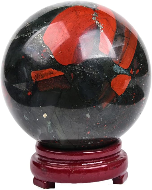 JIC Gem Natural African Bloodstone Healing Crystal Sphere Divination Gemstone Ball,Feng Shui Reiki Aura Home Desk Decor (80-90mm)