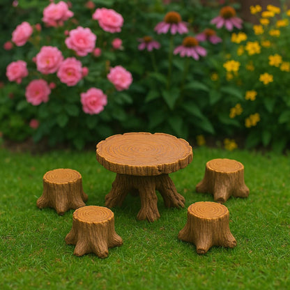 Miniature Tree Stump Garden Furniture Set, Brown Resin, Fairy Garden Decor, Indoor Outdoor Terrarium Accessories for Micro Landscape