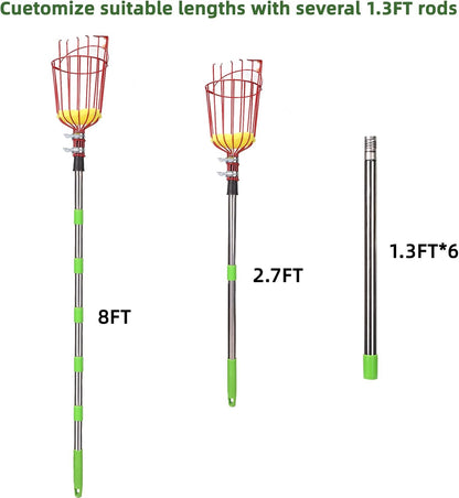 8FT Fruit Picker with Large Basket Telescoping Fruit Picker Pole Foam Padding Prevents Bruising Suitable for Apples Mangoes Pears Oranges Avocados, Red (Pole Included)