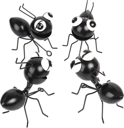 Metal Yard Art Garden Decor Cute Ant Outdoor Fence Decorations Lawn Ornaments - Set of 4 Black