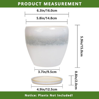6 Inch Plant Pot - Ceramic Planters for Indoor Ourdoor Plants, Modern Succulent Pot, Round Planter with Drainage Hole and Saucer, Room Office Garden Home Decor, Plant Lover Gifts, White-Grey
