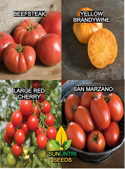 Tomato Seeds Variety Pack – 4 Heirloom Non-GMO Varieties: Beefsteak, Cherry, San Marzano, Yellow Brandywine – High Yield Garden Seeds for Planting Indoors or Outdoors