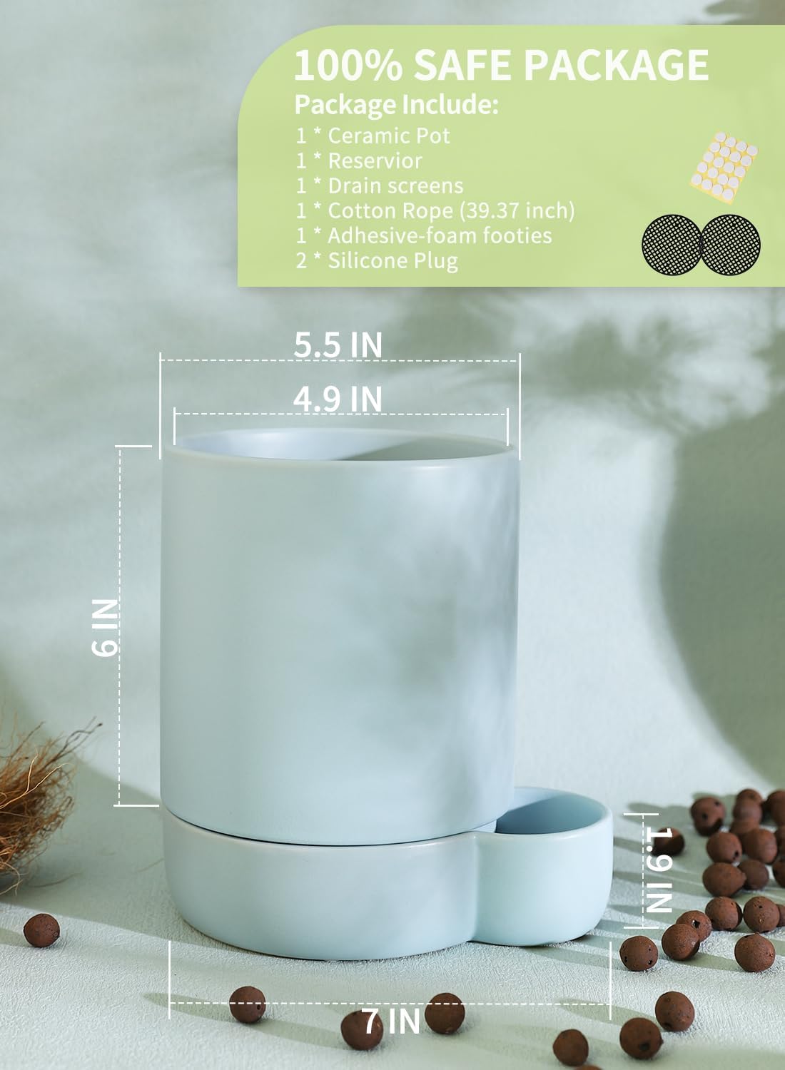 5.5 Inch Ceramic Self Watering Planters with Absorbent Cotton Rope, Cylinder Round Flower Pot for Succulent, Herbs, African Violets, Blue, 1 Pack