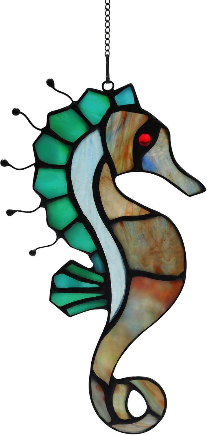 Seahorse Decor Stained Glass Window Hanging,Sea Nautical Gift Suncatcher Hanging Ocean Theme Decor for Living Room,Bathroom,Kitchen,Birthday Gifts for Mom,Women