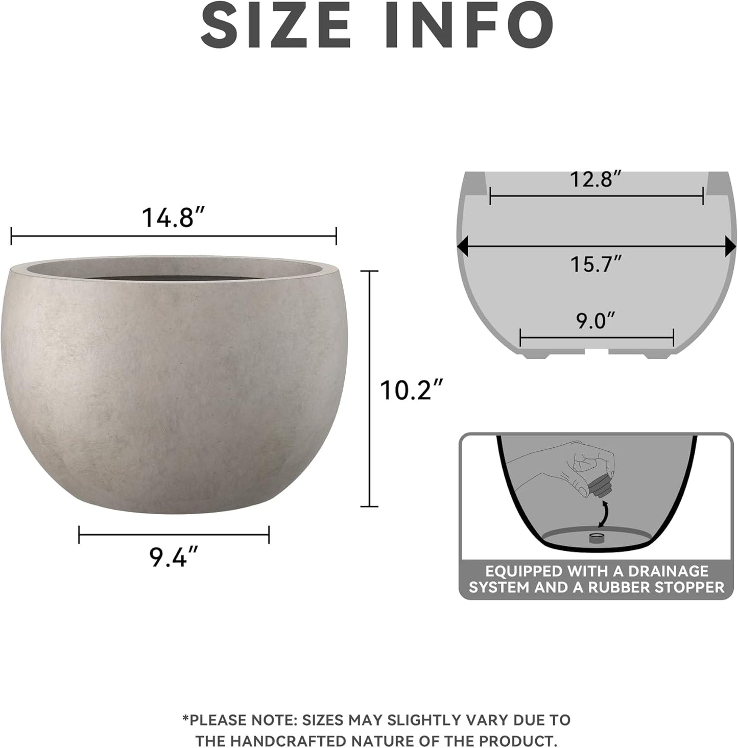 Kante 15.7" Dia Round Concrete Planter, Outdoor/Indoor Large Bowl Plant Pots with Drainage Hole and Rubber Plug for Garden Patio Balcony Home, Weathered Concrete