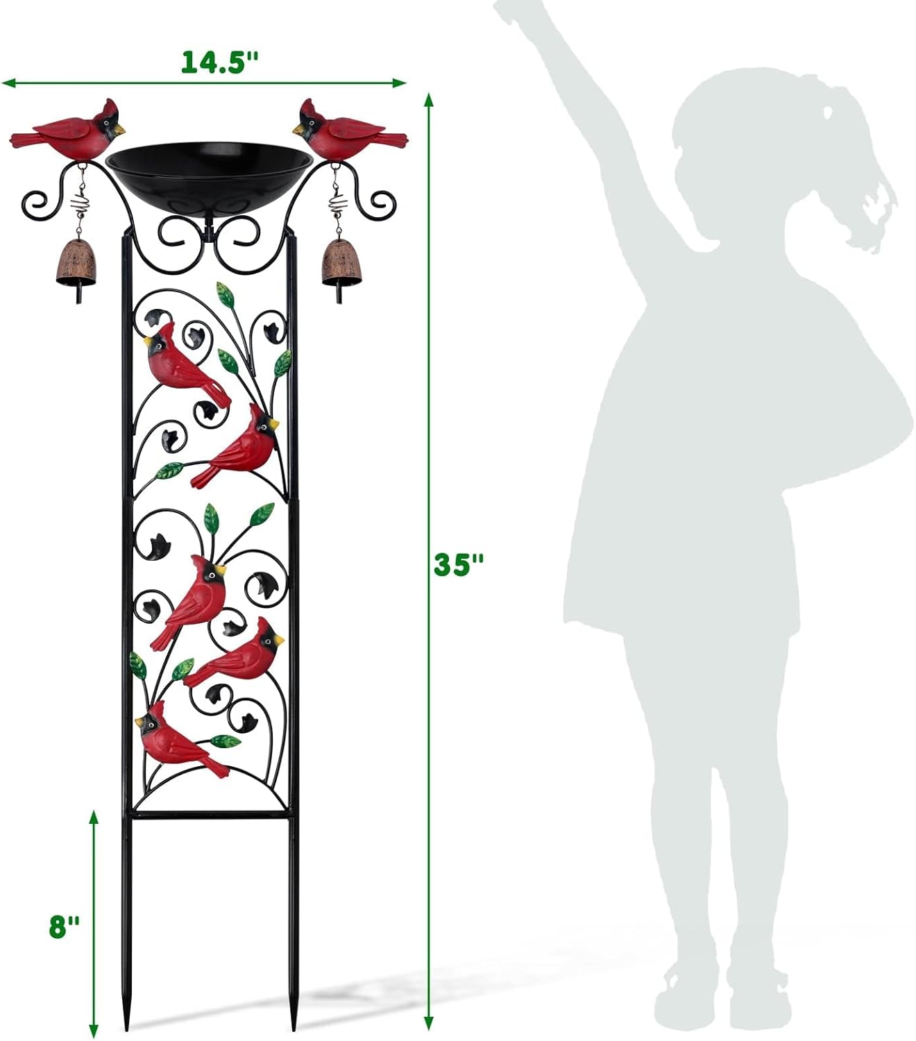 Cardinal Bird Bath Garden Trellis for Climbing Plants Outdoor Wind Chime Decor Red Birds Feeder Yard Sign Spring Lawn Decorations Housewarming Christmas Appear Memorial Gift for Bird Watcher Gardener