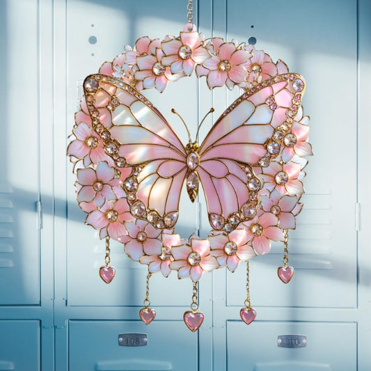 Butterfly Flower Wreath Acrylic Suncatcher Stained Glass Effect Window Car Hanging Christmas