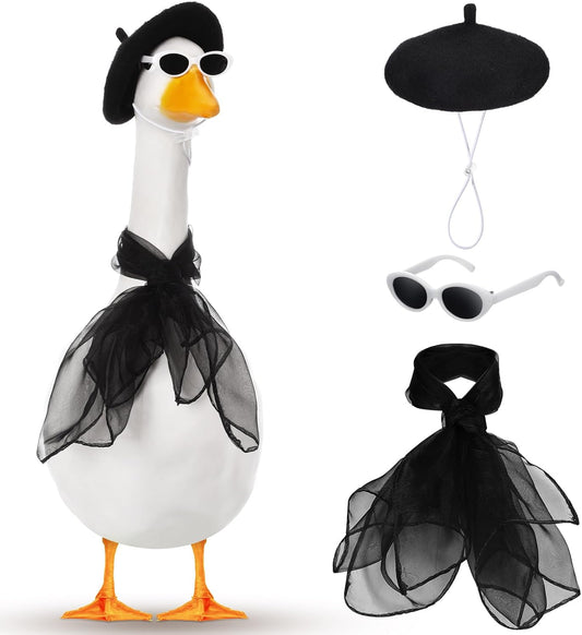 Yaomiao 3 Pcs French Porch Goose Outfit Set for 23'' 17'' Cement Plastic Lawn Goose Costume 50s French Beret Hat for Statue Halloween Carnival Statue Decor(Black)
