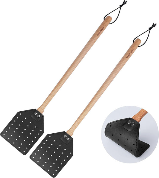 Indoor Leather Fly Swatter - 2 Pack Long Handle Heavy Duty Fly Swatter with Hanging Rope, Wood Fly