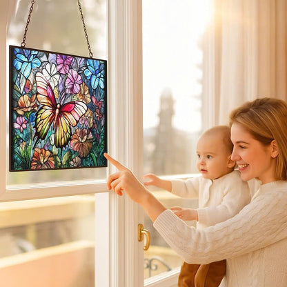 Rectangle Butterfly Suncatchers for Windows, Stained Glass Window Hangings,Hand-Painted Glass Panel Perfect for Home Décor