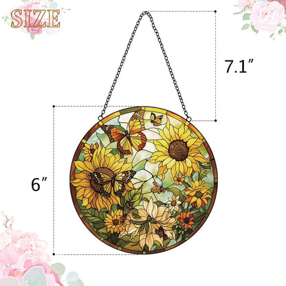 Sunflower Decor Suncatcher Stained Glass Window Hanging - Butterfly Stained Glass Suncatchers for Windows - Sun Catchers Indoor Window with Chain and Hook - Sunflower Gifts for Women Mom Teacher Gift