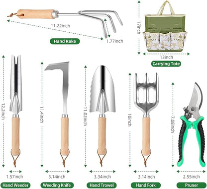 9-Piece Premium Gardening Tool Set for Women - Heavy Duty Stainless Steel Rust-Proof Tools with Fashion Storage Tote | Perfect Gardening Gifts for Mom, Mother's Day, Birthday & Outdoor (Green)