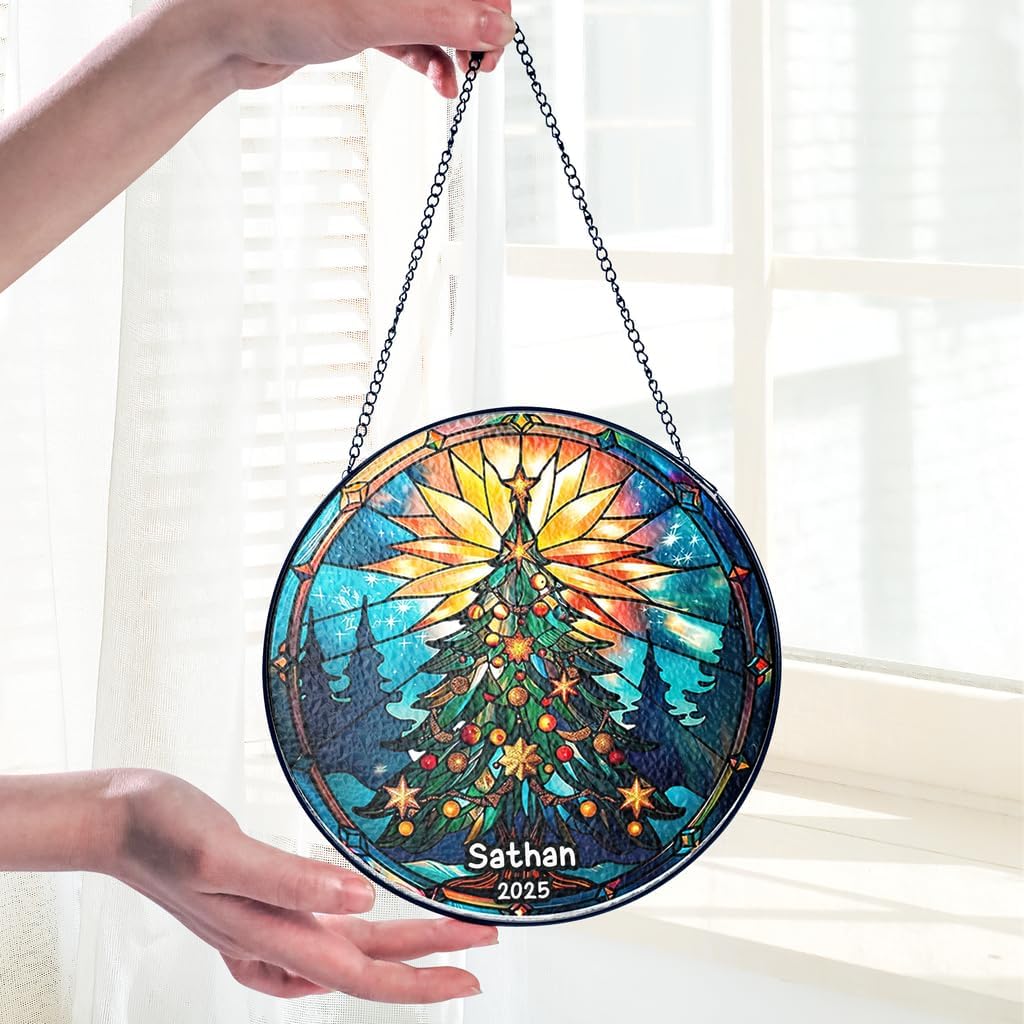 Personalized Stained Glass Christmas Tree Suncatcher, Christmas Handcraft Holiday Ornament with Name and Number, Gift for Family or Friend, Gift for Décor
