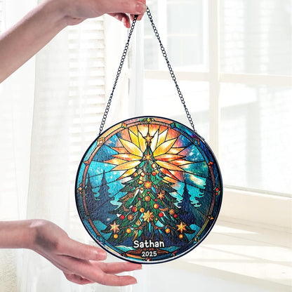 Personalized Stained Glass Christmas Tree Suncatcher, Christmas Handcraft Holiday Ornament with Name and Number, Gift for Family or Friend, Gift for Décor