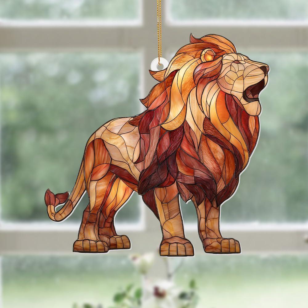Lion Stained Glass Ornament Acrylic Window Hanging Sun Catcher – Wildlife Animal Decor for Christmas Tree, Rearview Mirror, Home & Car Accessories, Safari Gifts for Men Women, Symbol of StrengthSun-26
