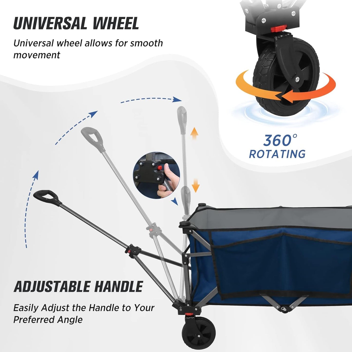 EAGLE PEAK Heavy-Duty Collapsible Folding Utility Wagon, All Terrain Garden Hand Cart with Large Size Pocket and Cup Holders for Sports, Beach, Camping, Garden, and Grocery, Dark Blue