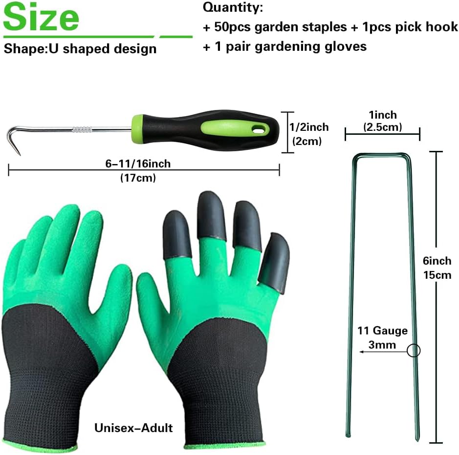 Bakulyor 50Pcs Green Landscape Staples 6 Inch Garden Artificial Turf Stakes Staples, 11 Gauge Lawn Galvanized Ground Fabric Pins for Weed Barrier Sod Decorations Holding Fence and Irrigation Tubing