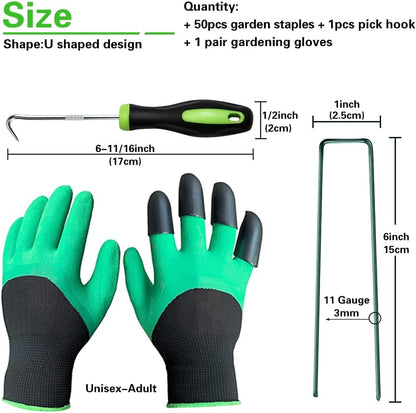Bakulyor 50Pcs Green Landscape Staples 6 Inch Garden Artificial Turf Stakes Staples, 11 Gauge Lawn Galvanized Ground Fabric Pins for Weed Barrier Sod Decorations Holding Fence and Irrigation Tubing