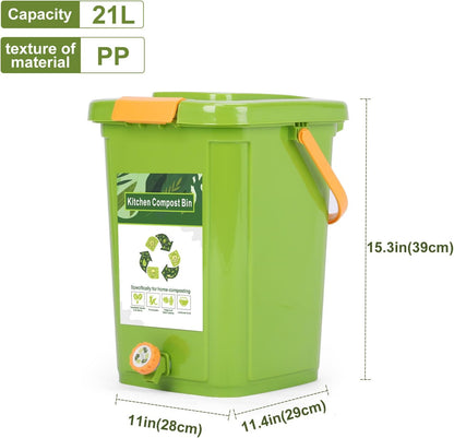 Compost Bin Outdoor, 21 L Garden Composting Bin Bags, Breathable Screen Window Reusable Garden Yard Waste Bags Speed Up Composting & Reduce Odors, Indoor Small Kitchen Compost Bin with Lid, Green