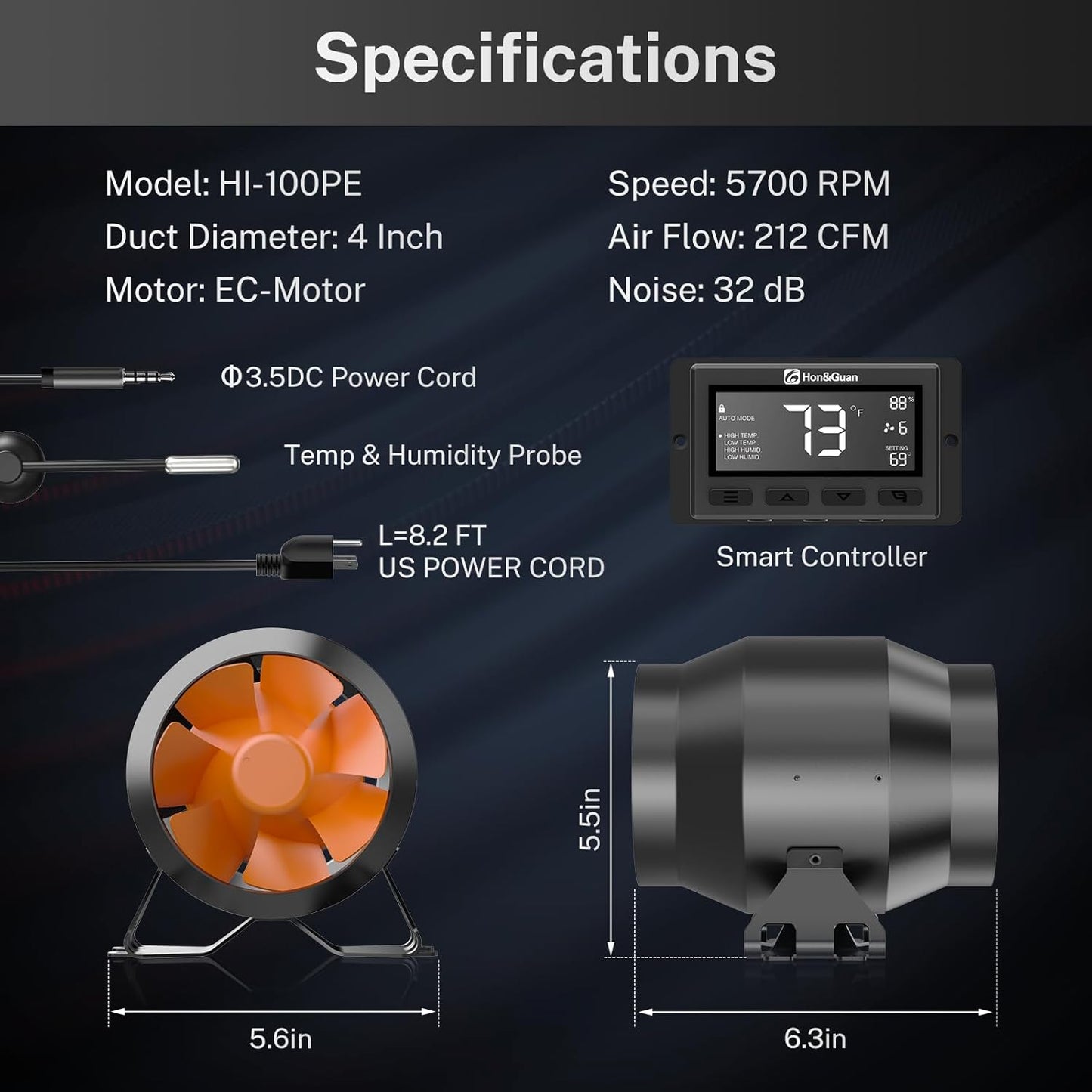 Hon&Guan PRO 4 Inch Inline Duct Fan - 212 CFM with Quiet EC Motor & Temperature Humidity Smart Controller, Ventilation Exhaust Fan for Heating Cooling, Grow Tents, Hydroponics (Black&Orange)