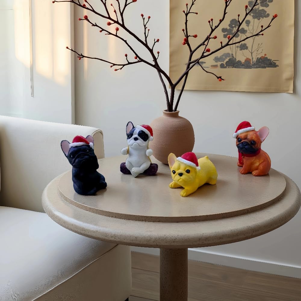 4 Pieces Cute French Bulldog Dog Figurines Fairy Garden Figurines Resin Dog Statues with Christmas Hat for Office Home Garden Decor Collectible Puppy Figurines Animal Sculpture for Kids