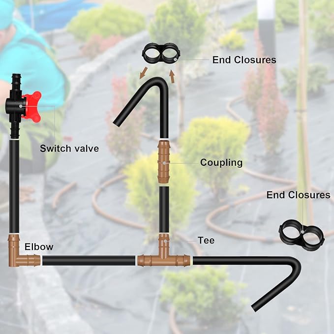 60 Pcs Drip Irrigation Fittings Kit 1/2 Inch Tubing Set Including 4 Switch Valves, 14 Tees, 14 Couplings, 14 Elbows and 14 End Cap Plugs Drip Irrigation Barbed Connectors for Drip or Sprinkler System