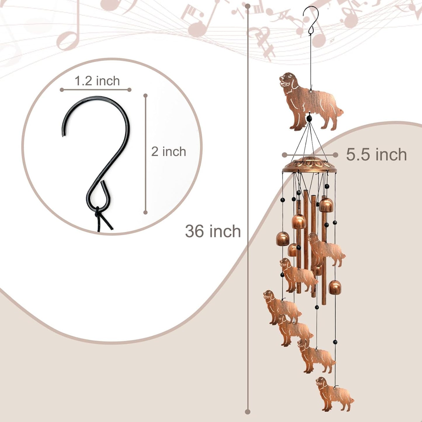 Golden Retriever Wind Chimes for Outside, Metal Windchimes Outdoors Birthday Gifts for Women Memorial Sympathy Wind Chimes for Patio Garden Yard