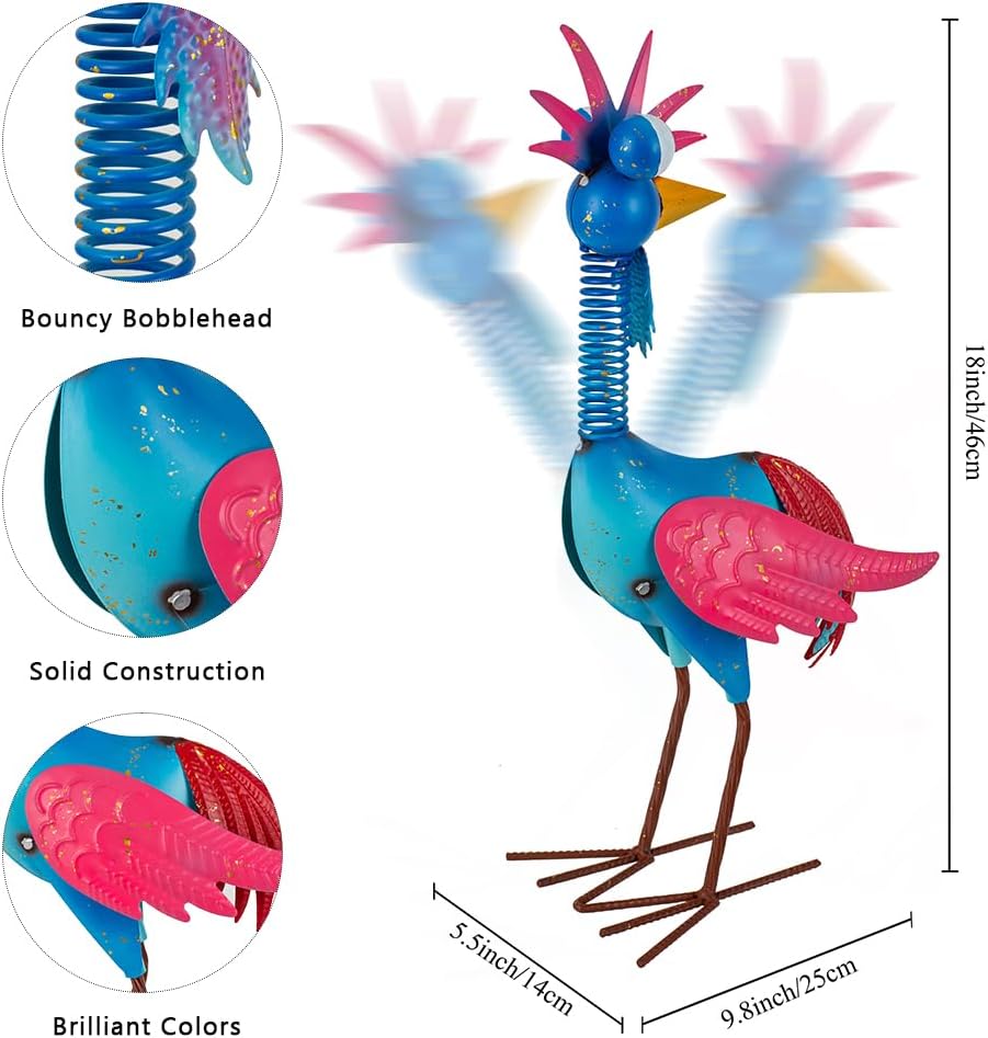 Metal Wacky Rooste Garden Statue, Rooster Decor Yard Statue Decorations Outdoor, Chicken Yard Art for Outside, Patio, Backyrad, Lawn (Blue & Pink)