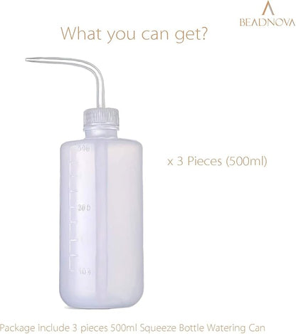 BEADNOVA Irrigation Bottle 500ml 17oz Indoor Plant Watering Can Water Squirt Bottle Plastic Rinse Bottle for Eyelash Extensions Eye Wash Tattoo Lab (3pcs)