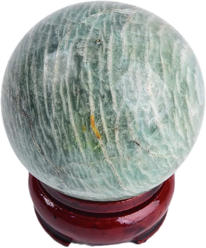 JIC Gem Natural Amazonite Crystal Ball with Wood Stand Gemstone Sphere, Polished Healing Energy Mineral Gemstone Balls for Reiki Chakra Decoration Fengshui (50-60mm)