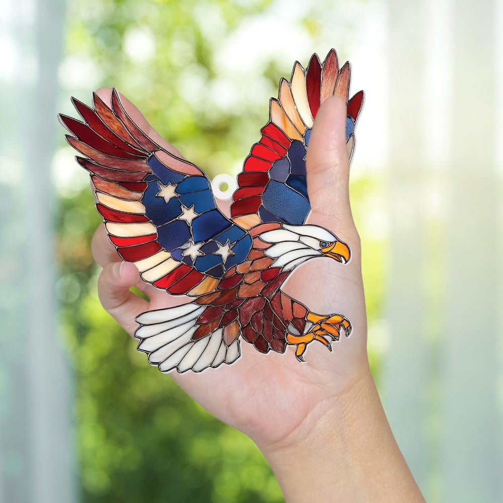 Bald Eagle Patriotic Ornament – Stained Glass American Flag Suncatcher, Acrylic Hanging Decor, USA Pride Home Office Gift, Veterans Independence Day & 4th of July Christmas Tree Ornament (Sun-11)