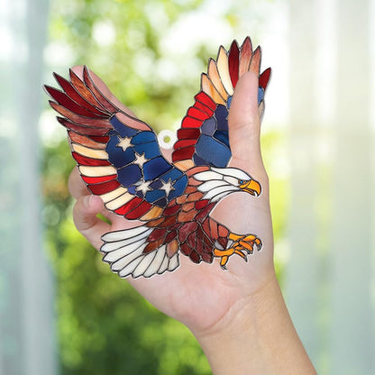 Bald Eagle Patriotic Ornament – Stained Glass American Flag Suncatcher, Acrylic Hanging Decor, USA Pride Home Office Gift, Veterans Independence Day & 4th of July Christmas Tree Ornament (Sun-11)