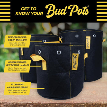 BudPots for Optimal Plant Growth | 7 Gallon Fabric Pots (26.5L) | 4-Pack | Metal Reinforced Rim - Sturdy & Never Collapses | Promotes Dense & Healthy Roots | Low Stress Training | Reusable