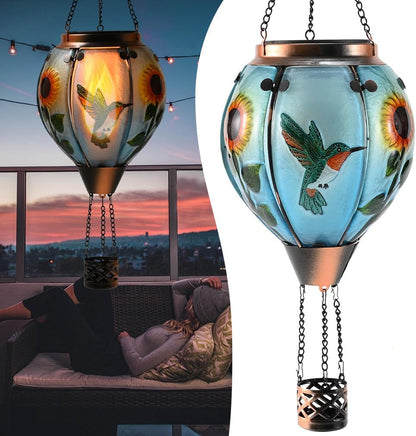 Hot Air Balloon Solar Lantern - Large Hummingbird Glass Lantern, Simulated Flickering & Dancing Flame, Outdoor Hanging Sunflower Yard Light Waterproof IP65 for Patio Lawn Porch Decor Gift