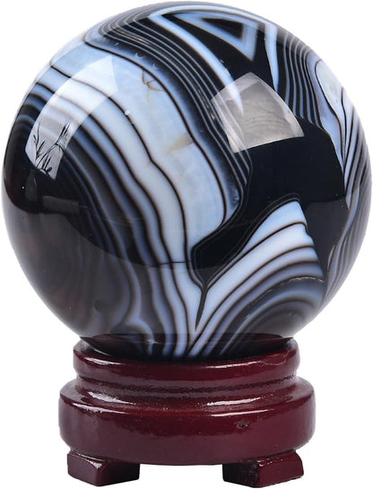 JIC Gem Natural Black Onyx Agate Crystal Ball Round Healing Crystals Decorative Sphere with Wooden Stand Meditation Home Decor 2.3-2.7 inch (60-70mm)