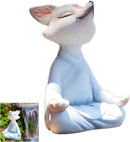 Meditating Buddha Fox Statue Resin Zen Animal Sculpture Yoga Figurine Indoor Outdoor Fengshui Decor for Patio Garden Yard Lawn Tabletop Planter Ponds Pot Bookshelf Ornaments Gifts White