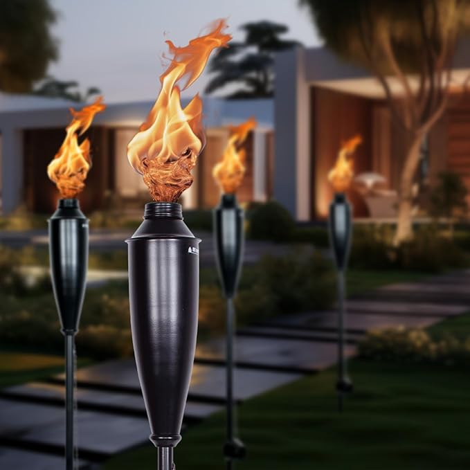 Deco Home Pack of 4 Metal Garden Torches - Citronella for Outdoor Ambiance - Decorative and Functional Citronella Torches for Patio, Lawn, and Backyard - Black