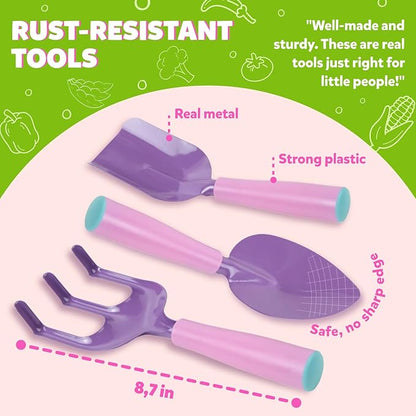 Pink Kids Gardening Tools - includes Sturdy Tote Bag, Watering Can, Gloves, Shovels, Garden Stakes, and a Delightful Children's Book "How to" Garden Tale - Kids Garden Tool set for toddler age on up.