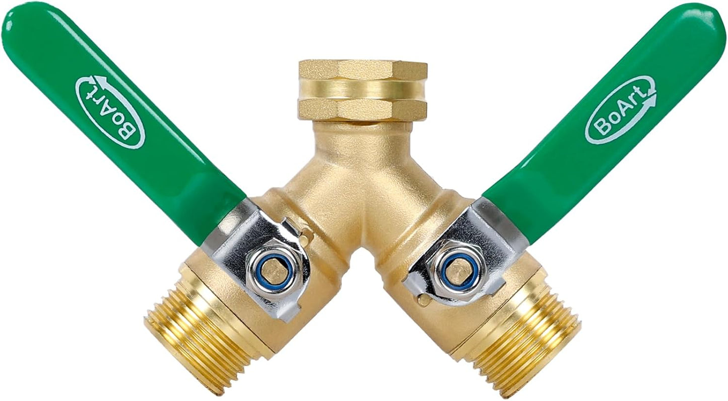 BoArt Brass Garden Hose Splitter 2 Way Heavy Duty, Y Valve Hose Splitter With Stainless Steel Long Handle, 3/4" GHT Thread Y Valve Water Garden Hose Tap Adapter