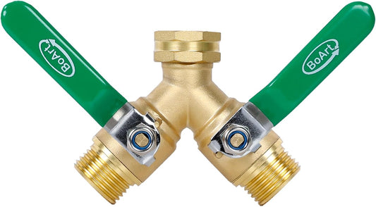 BoArt Brass Garden Hose Splitter 2 Way Heavy Duty, Y Valve Hose Splitter With Stainless Steel Long Handle, 3/4" GHT Thread Y Valve Water Garden Hose Tap Adapter
