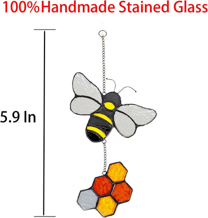 Handmade Honeybee Honeycomb Suncatcher Stained Glass Window Hangings Ornament Real Sun Catchers Indoor Window Garden Kitchen Decor Bee Gifts for Women Beekeeper Teacher