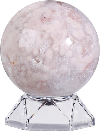 Natural Cherry Blossom Agate Crystal Ball with Acrylic Display Base, 61-70mm Polished Stone Feng Shui Crystal Sphere Meditation Decoration for Home & Office