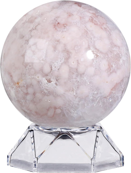 Natural Cherry Blossom Agate Crystal Ball with Acrylic Display Base, 61-70mm Polished Stone Feng Shui Crystal Sphere Meditation Decoration for Home & Office