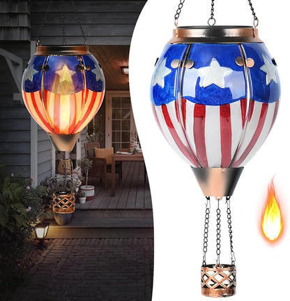 Hot Air Balloon Solar Lantern - U.S Flag Patriotic Glass Lantern, Simulated Flickering & Dancing Flame, Outdoor Hanging Yard Light Waterproof IP65, Ideal 4th of July Gift for Patriot Patio Decor