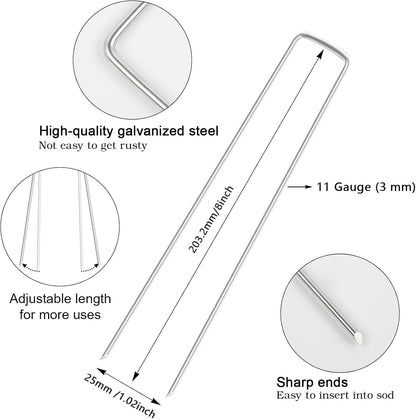 FEED GARDEN 8 Inch 50 Pack Galvanized Landscape Staples 11 Gauge Anti-Rust Garden Stakes Landscaping Fabric SOD Pins Yard Stakes for Weed Barrier Fabric