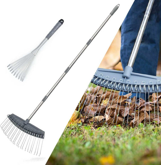 Thatch Rake Adjustable 17"-63", Efficient Metal Leaf Rakes, Wide with 24 Durable Steel Tines, Lightweight Garden Thatching Rakes Used for Mulch ,Leaves, Debris, Pine Needles, Shrub, Gravel
