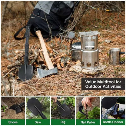 Folding Survival Shovel Multi-Tool, Heavy-Duty Military Entrenching Tool with Pickaxe, Collapsible Spade for Disaster Recovery, Car Emergency, Metal Detecting, Camping, Digging, and Gardening