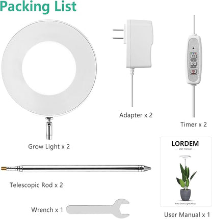 LORDEM Full Spectrum LED Grow Lights, Brightness Adjustable Plant Lamps with Auto On/Off Timer, Height Adjustable Growing Lights for Indoor Plants, Pack of 2